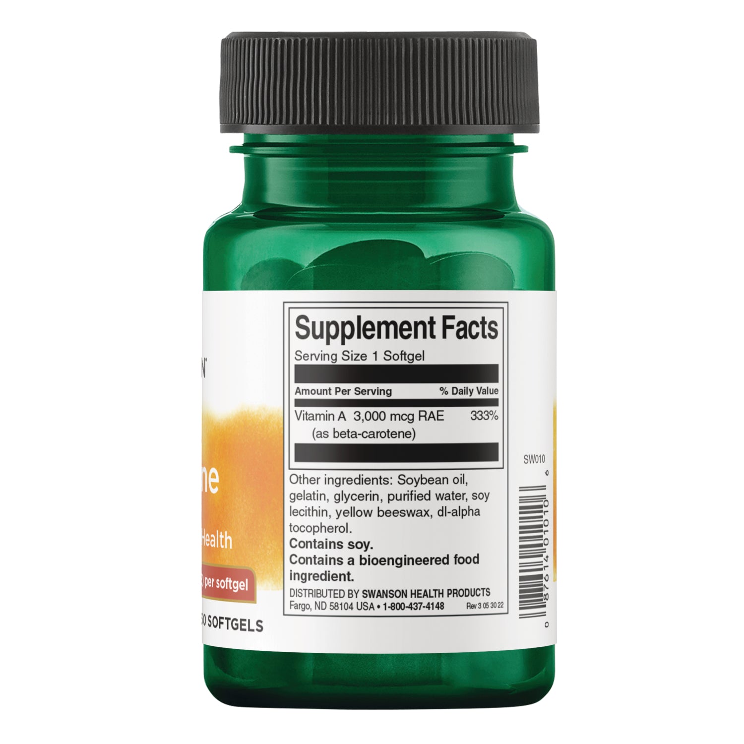 SW010 | Back label with Supplement Facts for softgel; Vitamin A 3,000 mcg RAE 333% DV; contains soy