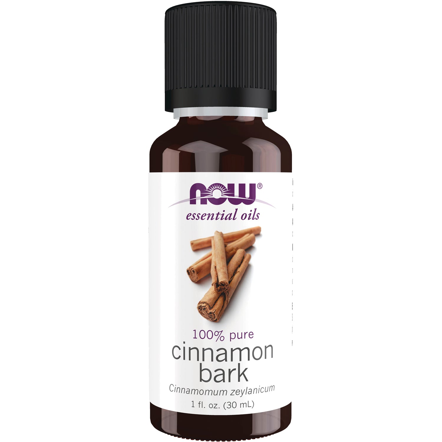 NWF1014 | NOW essential oils cinnamon bark 1 fl oz amber bottle with black cap and cinnamon sticks on label