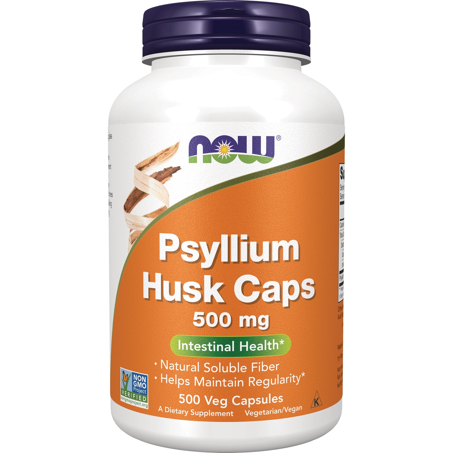 NWF1101 | NOW Psyllium Husk Caps 500 mg white bottle with orange label, 500 Veg Capsules