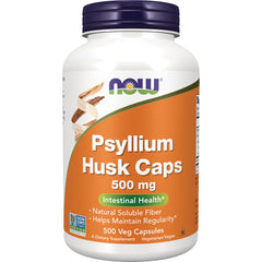 NWF1101 | NOW Psyllium Husk Caps 500 mg white bottle with orange label, 500 Veg Capsules