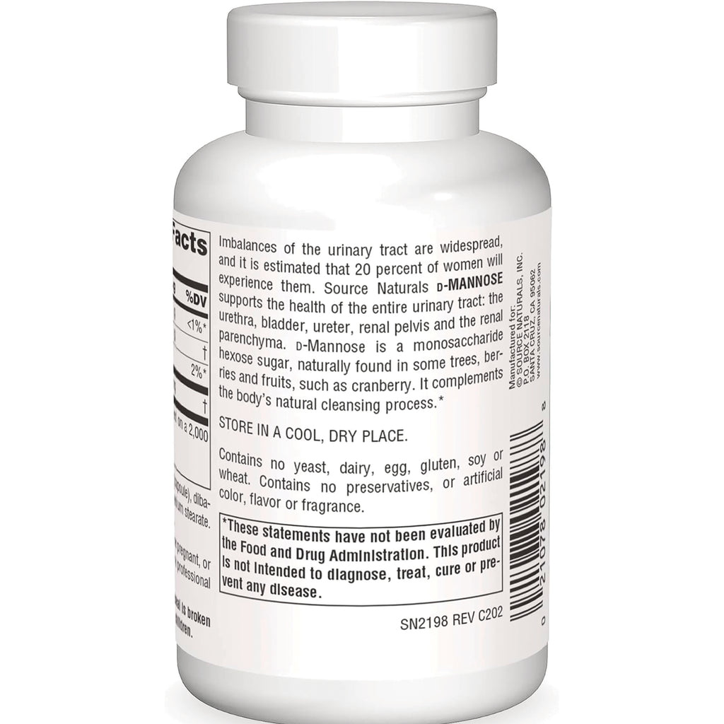 SN196 | Back label of Source Naturals D-Mannose supplement bottle with directions, warnings, and barcode - Thumbnail