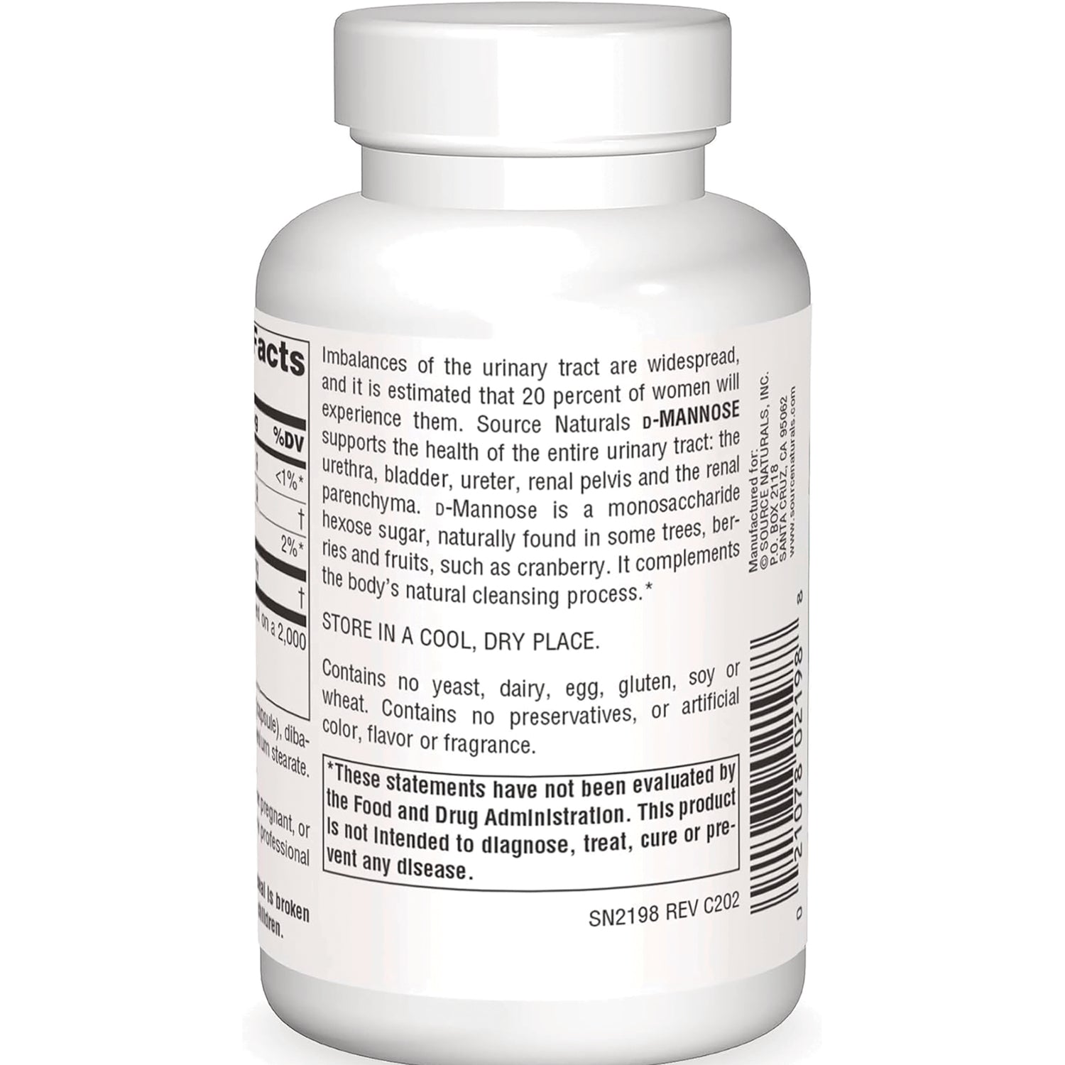 SN196 | Back label of Source Naturals D-Mannose supplement bottle with directions, warnings, and barcode