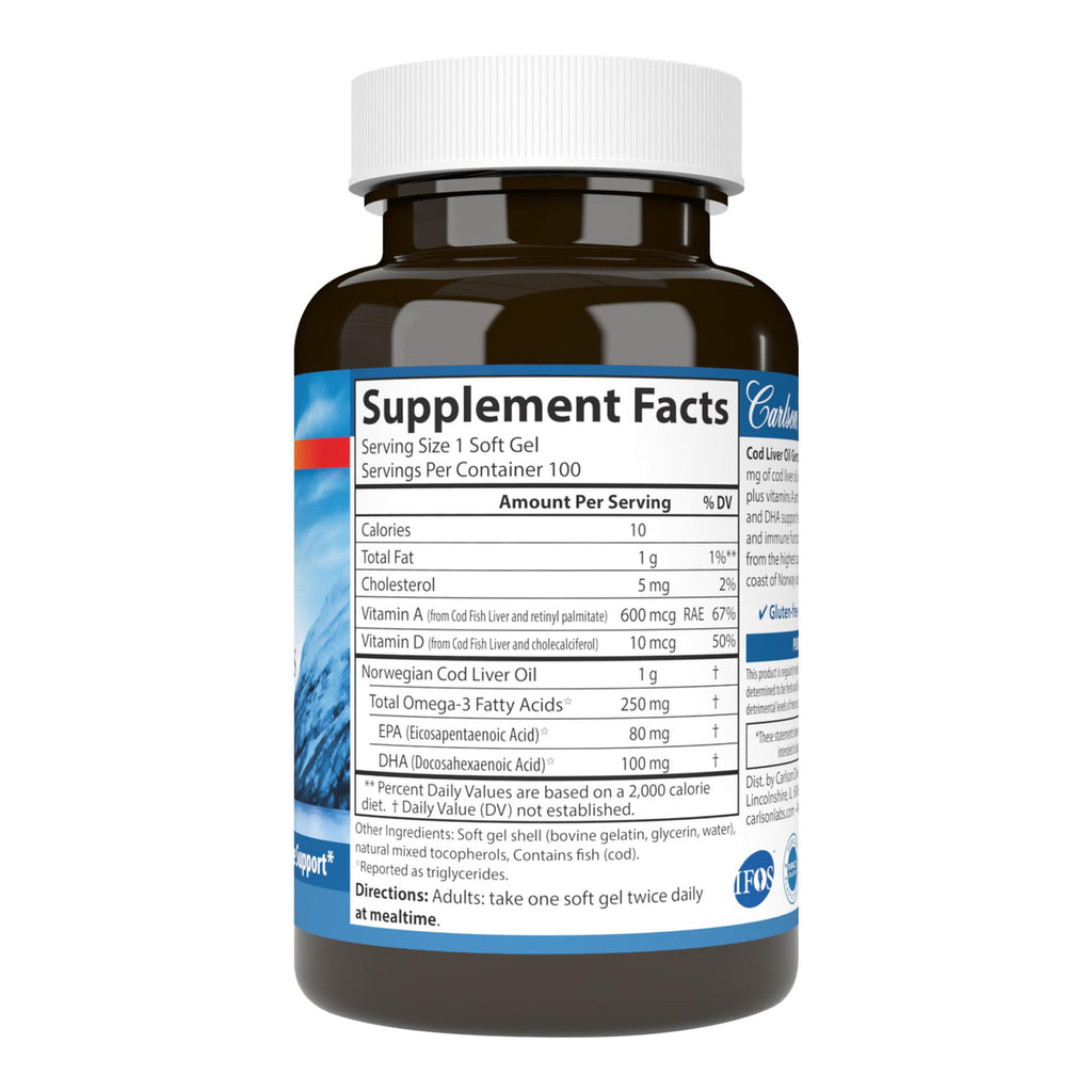 CSN019 | Back label showing Supplement Facts for cod liver oil soft gels with nutrition facts and directions - Thumbnail