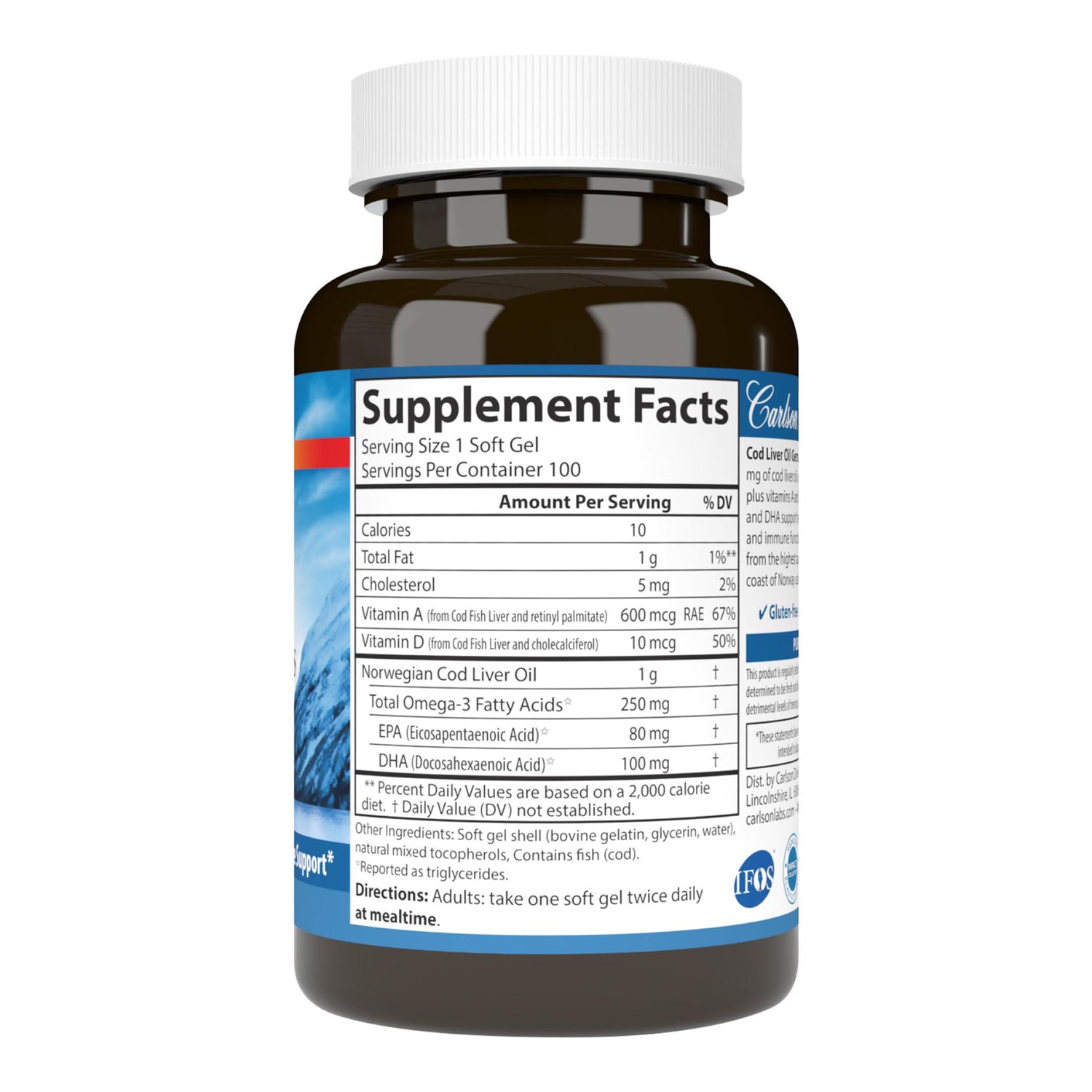 CSN019 | Back label showing Supplement Facts for cod liver oil soft gels with nutrition facts and directions