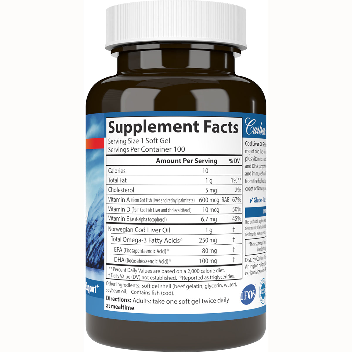 CSN019 | Back label showing Supplement Facts for cod liver oil soft gels with nutrition facts and directions