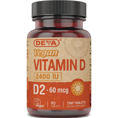 DEV034 | DEVA vegan Vitamin D D2 2400 IU bottle, 90 tiny tablets