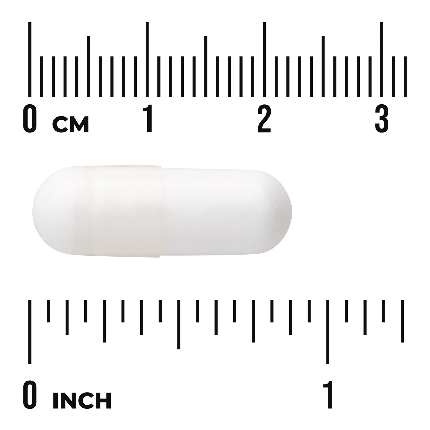 SW1028 | White capsule shown with centimeter and inch rulers for size reference