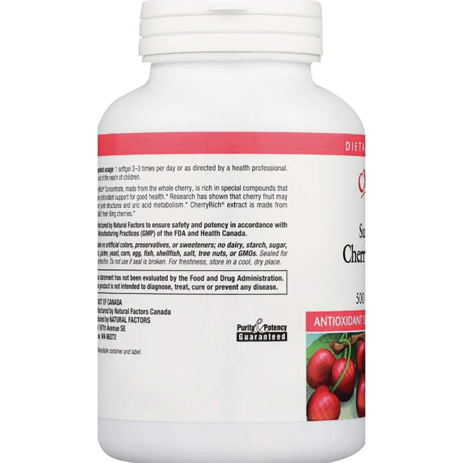 NFC134 | white supplement bottle side showing label text, cherries image and Purity & Potency Guaranteed seal