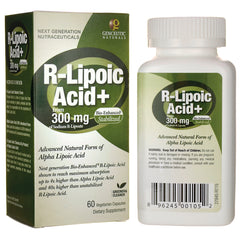 GNN003 | Front box and bottle of R-Lipoic Acid+ 300 mg dietary supplement, 60 vegetarian capsules
