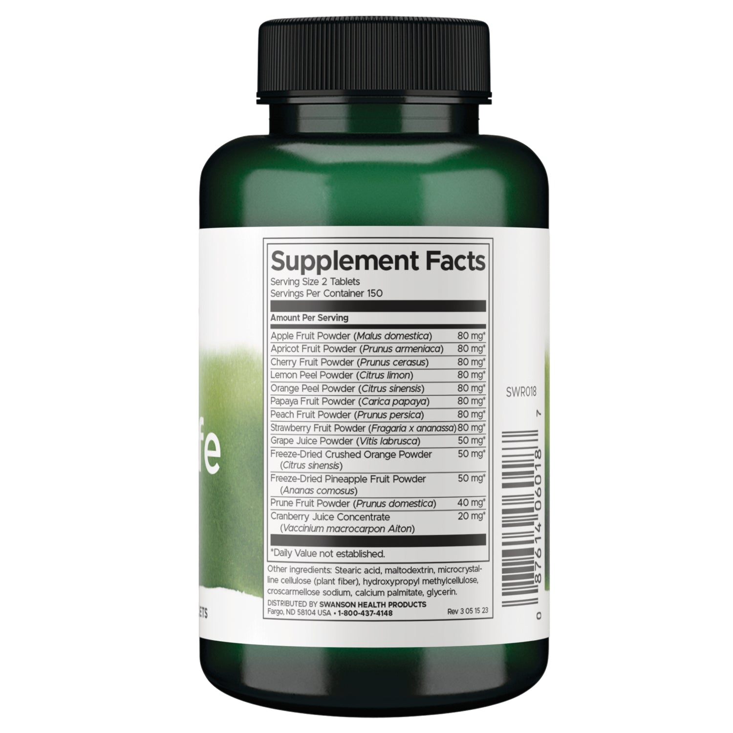 SWR093 | Back of green supplement bottle with Supplement Facts panel and barcode