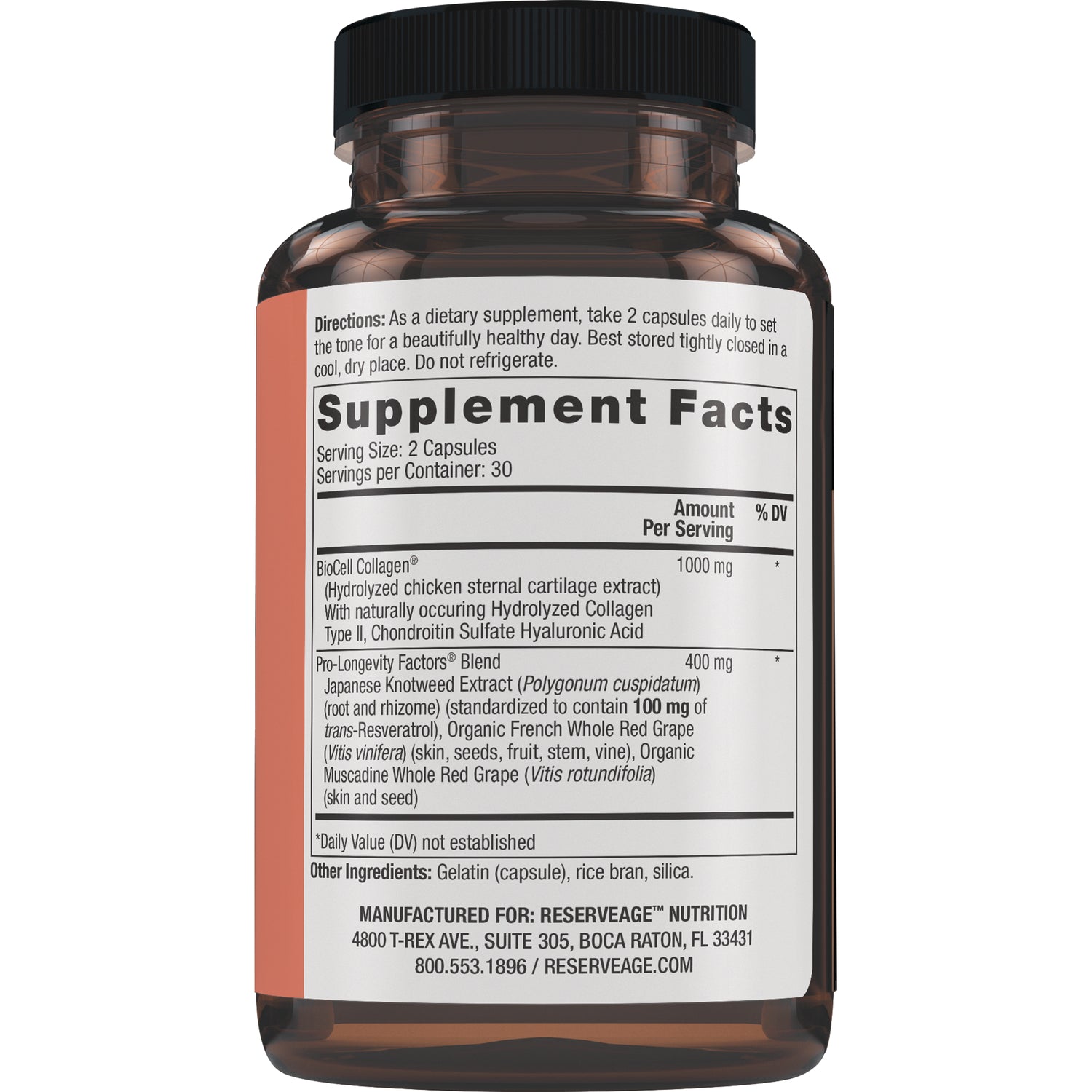 RSA001 | back label showing Supplement Facts, directions, ingredients and manufacturer details on a brown bottle
