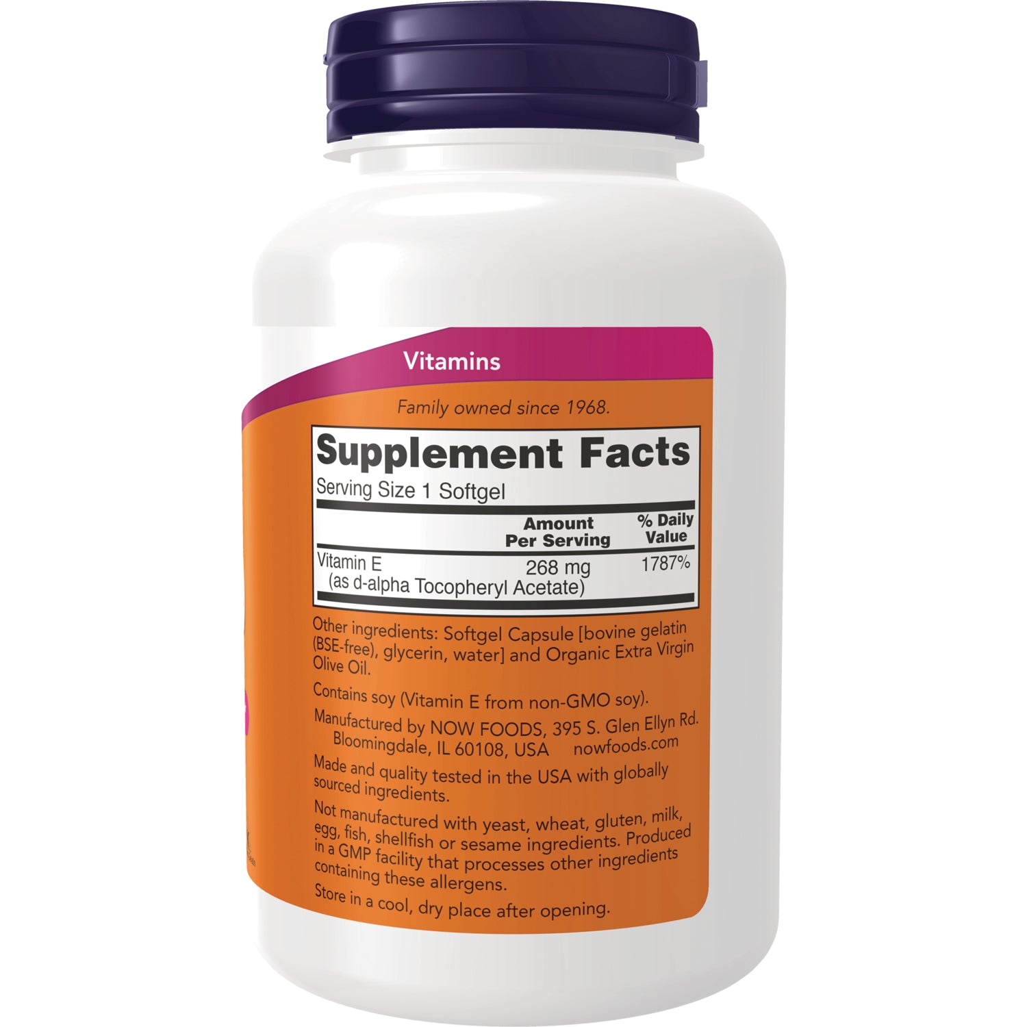 NWF1323 | Back label of white supplement bottle showing Supplement Facts (Serving Size 1 Softgel), Vitamin E amount and ingredient and manufacturer details
