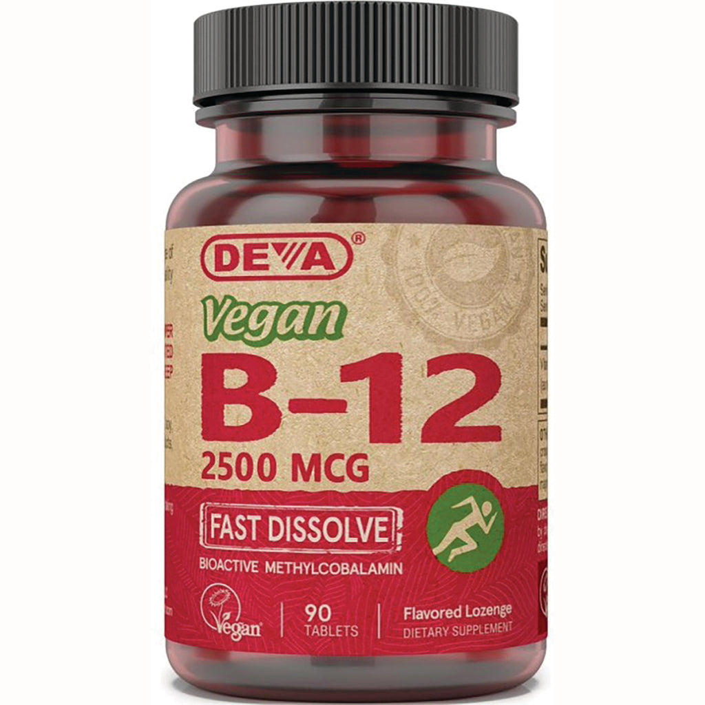 DEV042 | DEVA Vegan B-12 2500 MCG bottle labeled FAST DISSOLVE flavored lozenges 90 tablets - Thumbnail