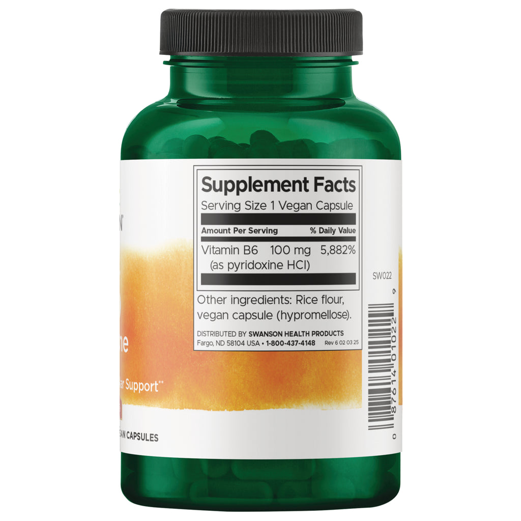 SW022 | Back label with Supplement Facts: Vitamin B6 100 mg (5,882% DV); other ingredients: rice flour, vegan capsule - Thumbnail