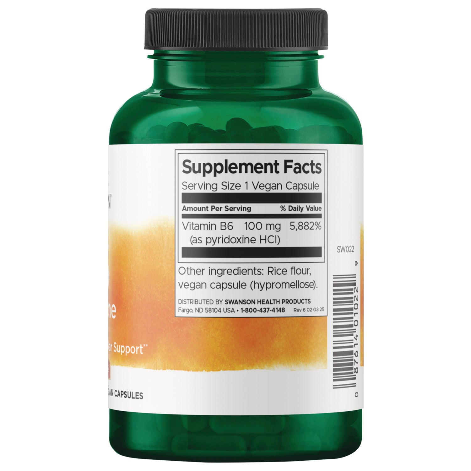 SW022 | Back label with Supplement Facts: Vitamin B6 100 mg (5,882% DV); other ingredients: rice flour, vegan capsule