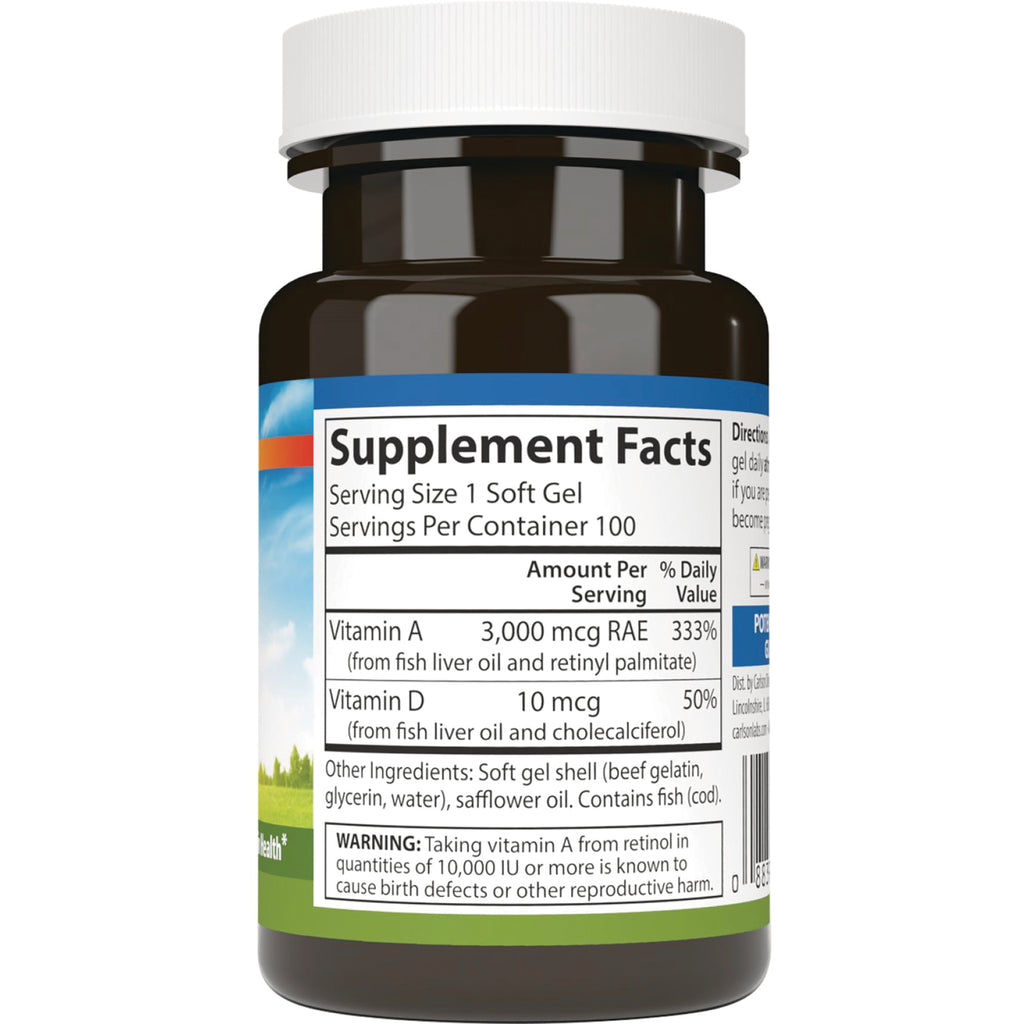 CSN152 | Back of supplement bottle showing Supplement Facts label with serving size, Vitamin A 3,000 mcg and Vitamin D 10 mcg, ingredients and warning - Thumbnail