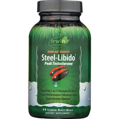IR136 | Irwin Naturals Steel-Libido supplement bottle with green label, Peak Testosterone, 75 liquid soft-gels