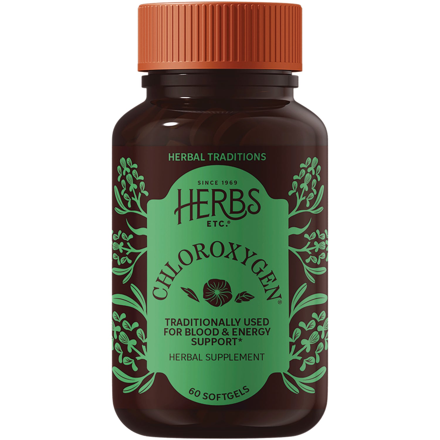 HE102 | Brown supplement bottle with green HERBS ETC label reading CHLOROXYGEN, traditionally used for blood & energy support, 60 softgels