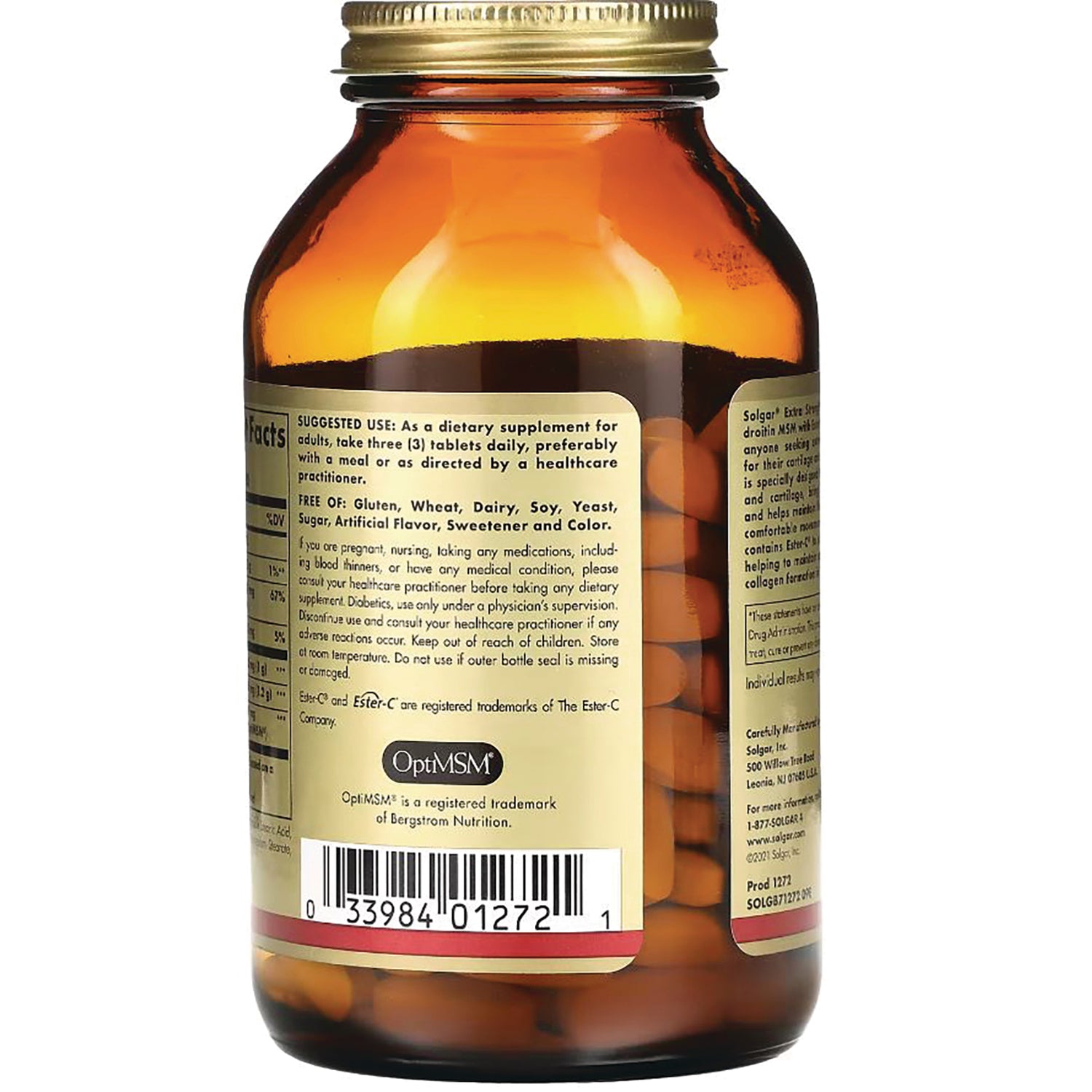 SLG316 | back of amber supplement bottle showing supplement facts label, barcode and tablets inside