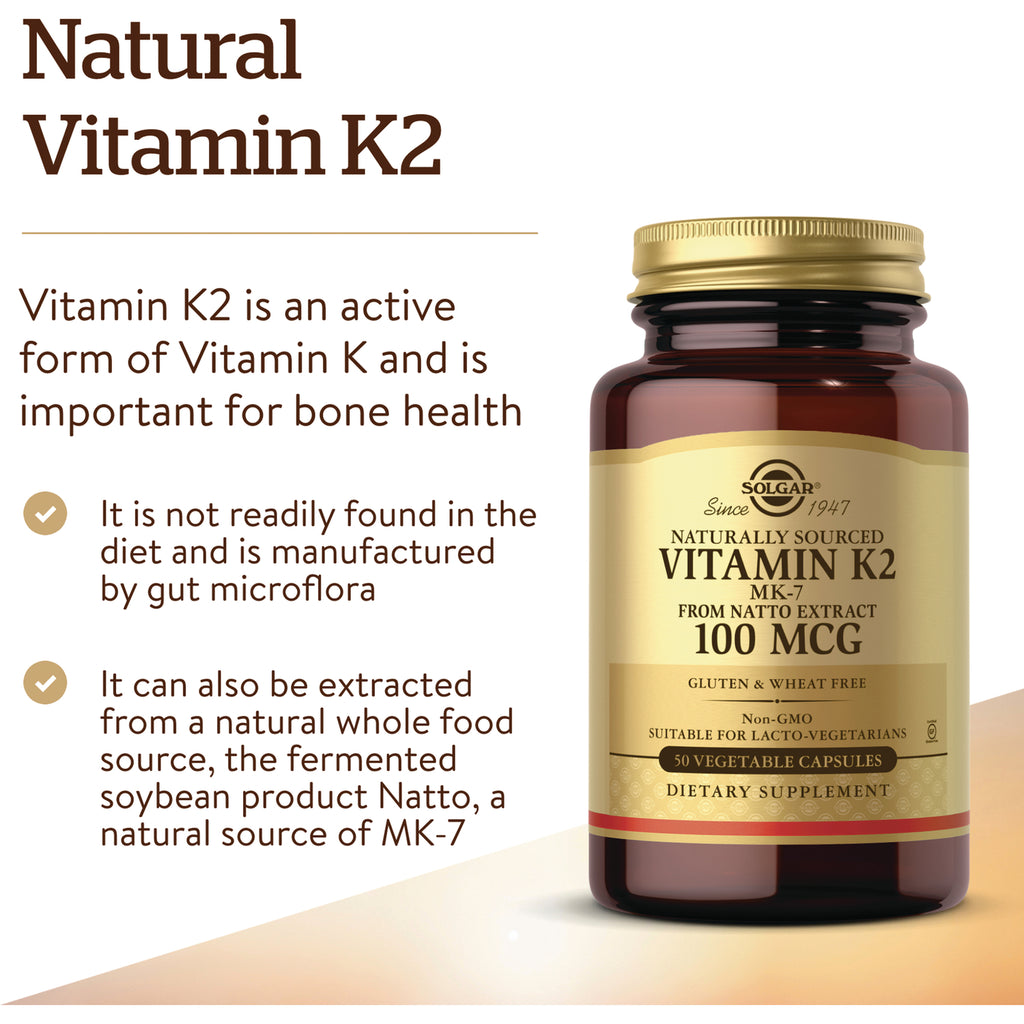 SLG334 | Product infographic showing Solgar Natural Vitamin K2 bottle, 100 MCG label, and text about bone health and natto-sourced MK-7 - Thumbnail