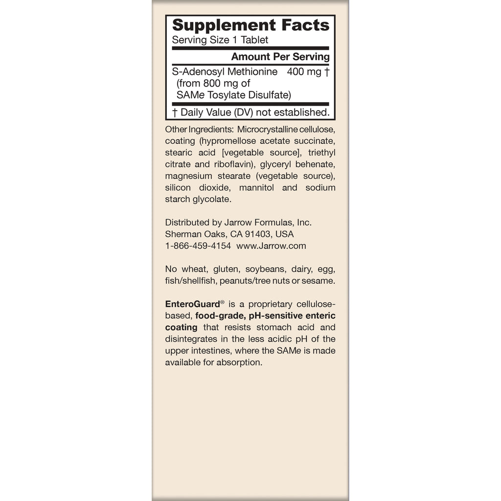JR350 | supplement facts panel and ingredient list showing S-Adenosyl Methionine 400 mg and distributor Jarrow Formulas - Thumbnail