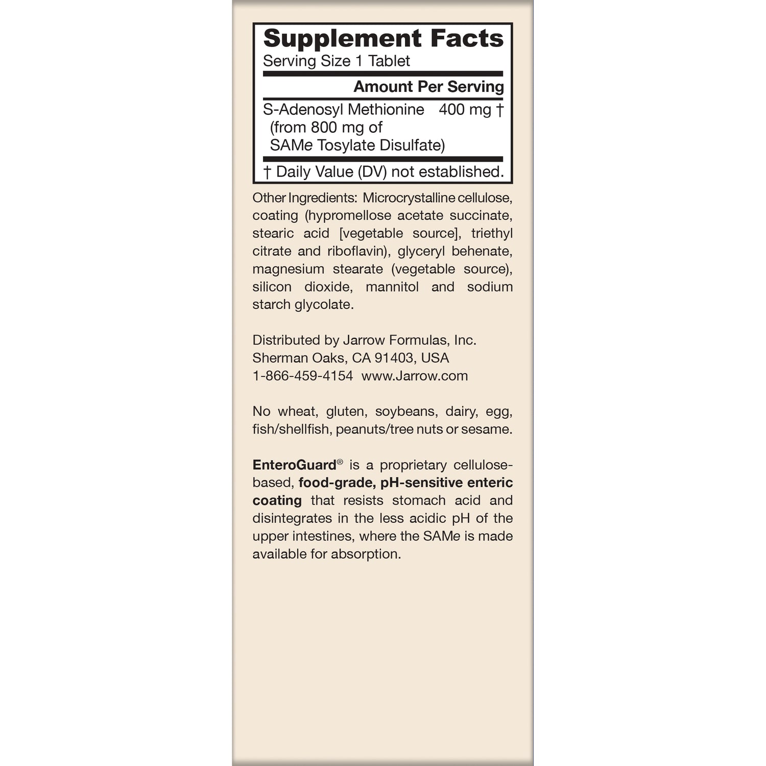 JR350 | supplement facts panel and ingredient list showing S-Adenosyl Methionine 400 mg and distributor Jarrow Formulas