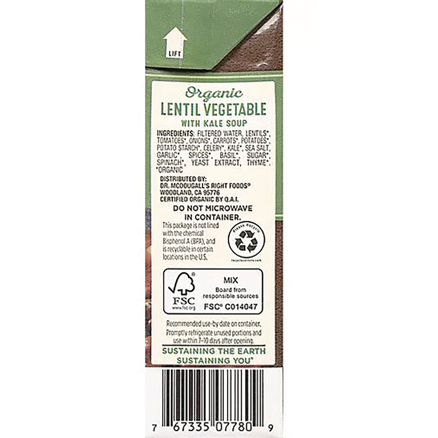 DMD011 | product side panel for Organic Lentil Vegetable with Kale Soup showing ingredients, recycling and FSC information and barcode
