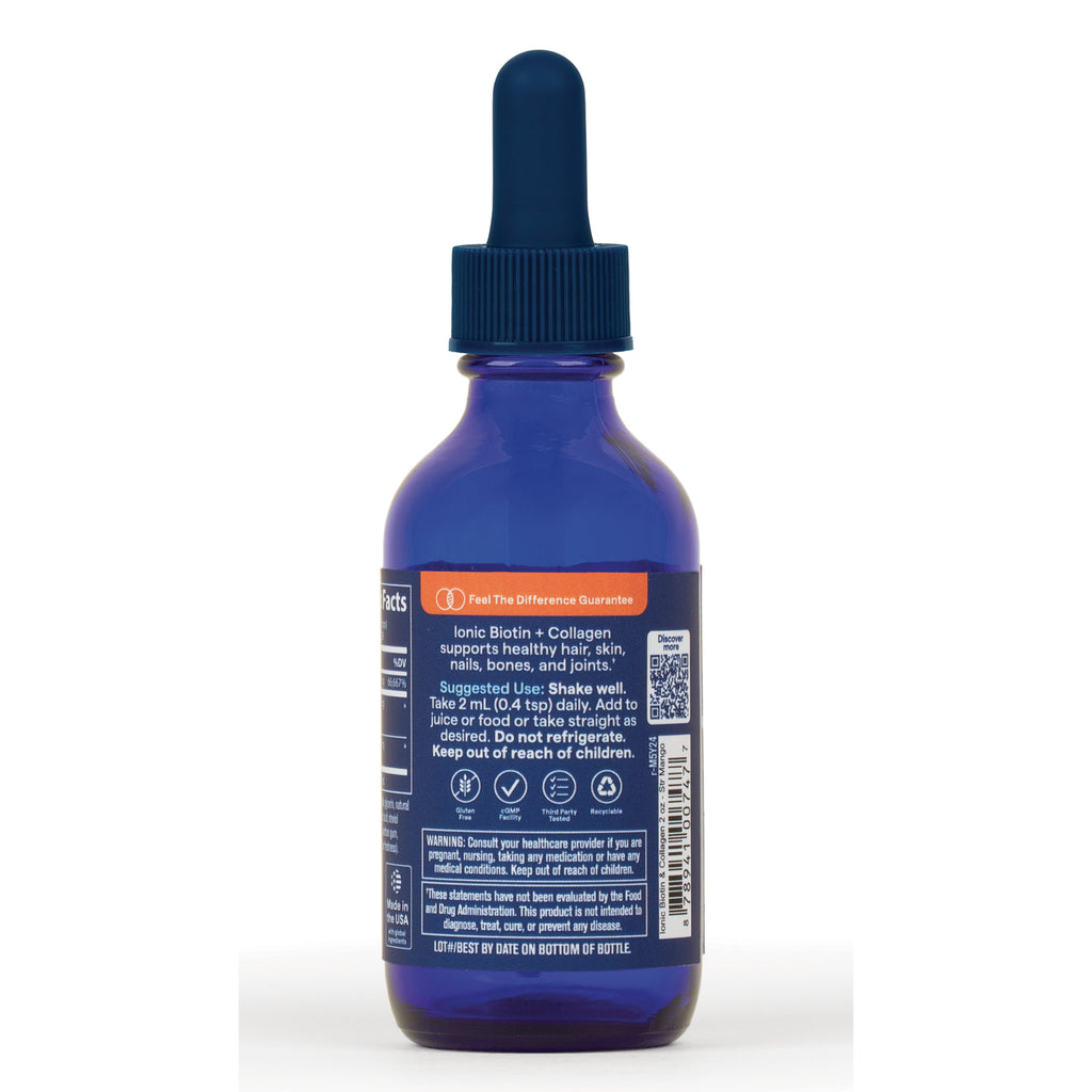 TM147 | Back label of blue dropper bottle, Ionic Biotin + Collagen supplement with directions and warnings - Thumbnail