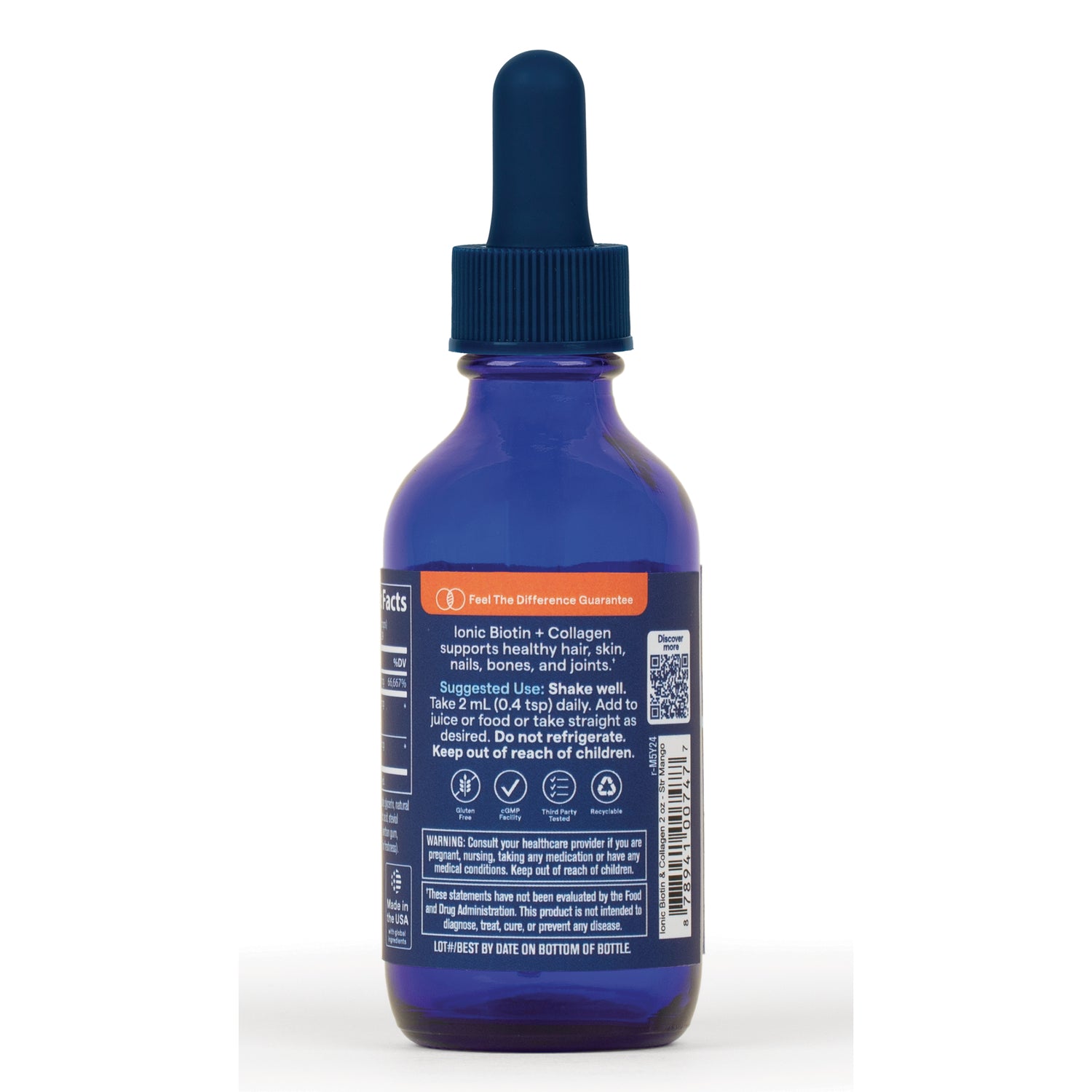 TM147 | Back label of blue dropper bottle, Ionic Biotin + Collagen supplement with directions and warnings