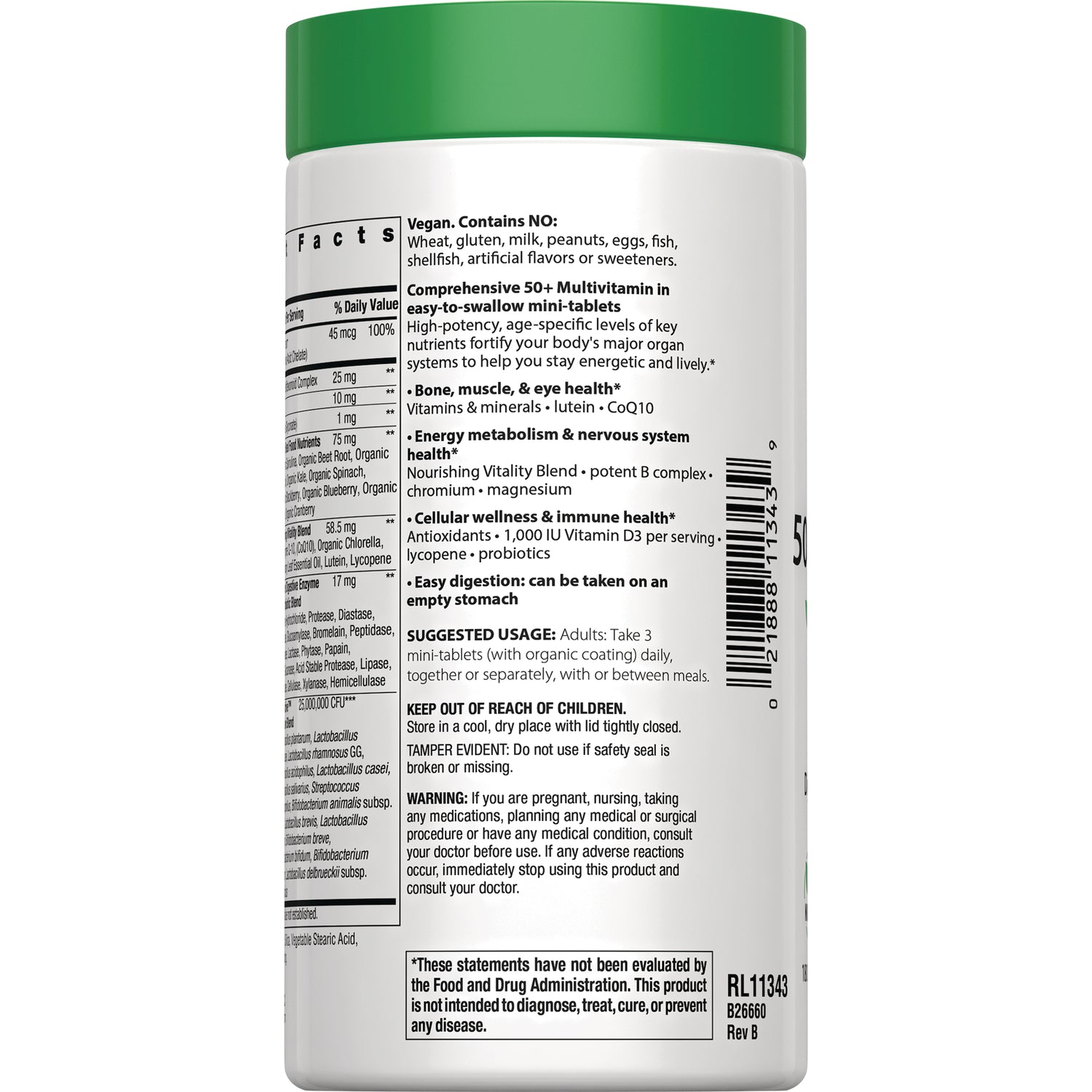 RBL172 | back label of multivitamin bottle showing supplement facts, suggested usage, warnings and barcode