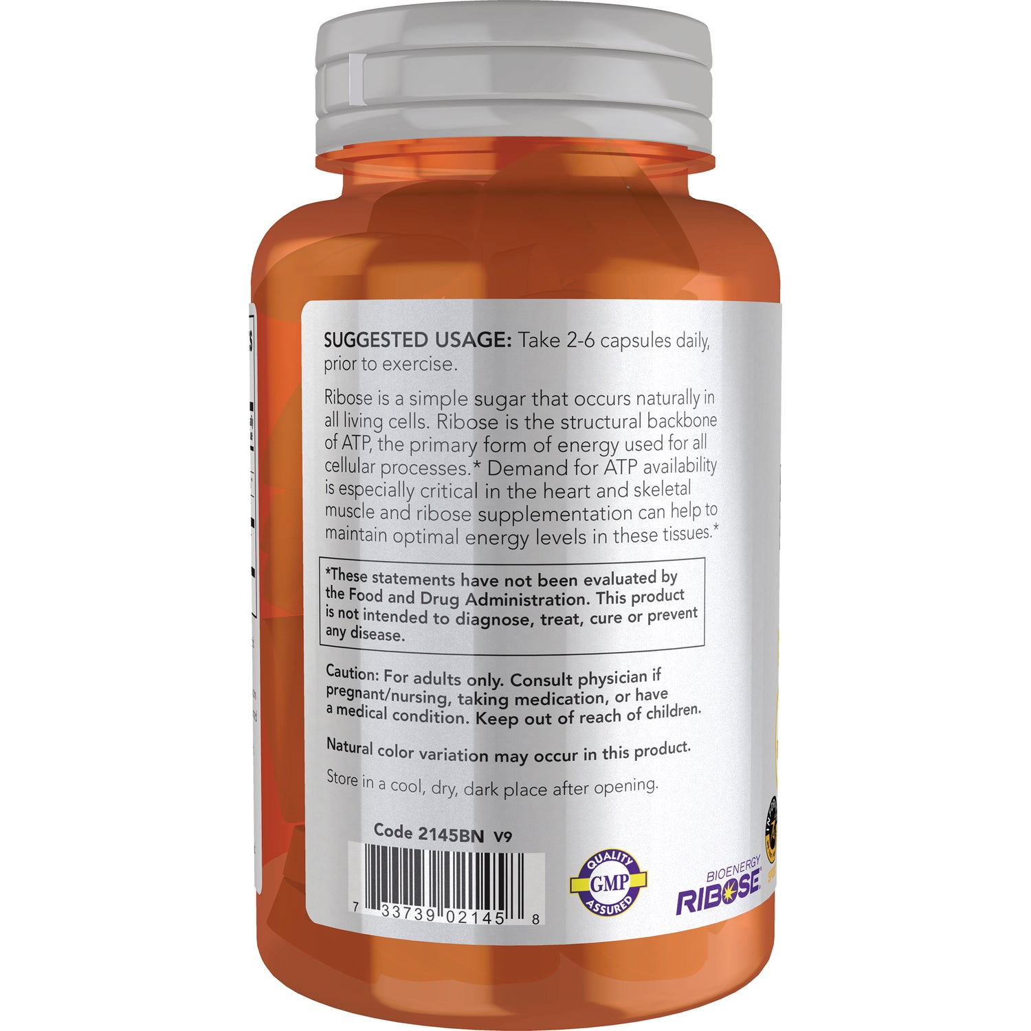 NWF815 | back label of orange supplement bottle showing suggested usage, caution text, barcode, and GMP seal