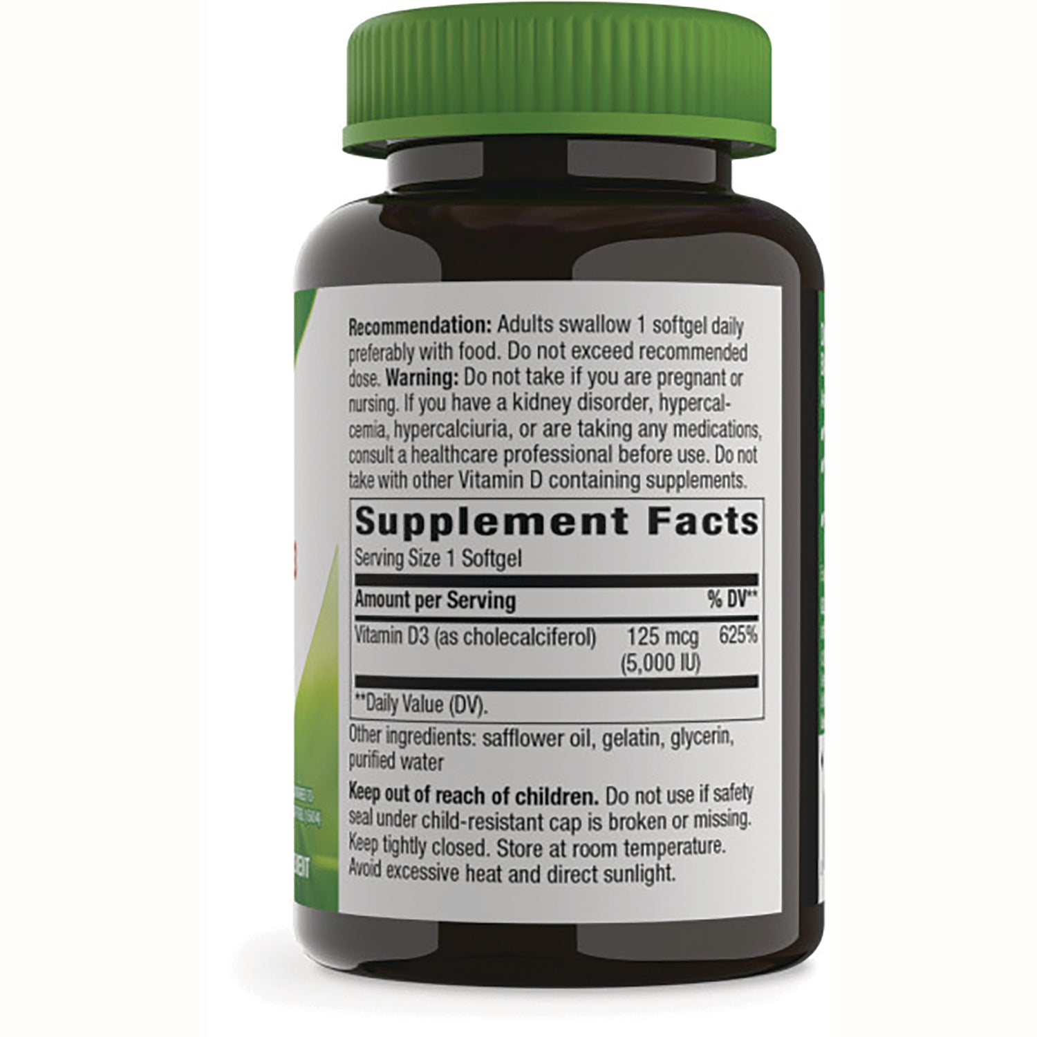 NW817 | Back of brown supplement bottle showing Supplement Facts panel, Vitamin D3 125 mcg (5,000 IU), ingredients and warnings