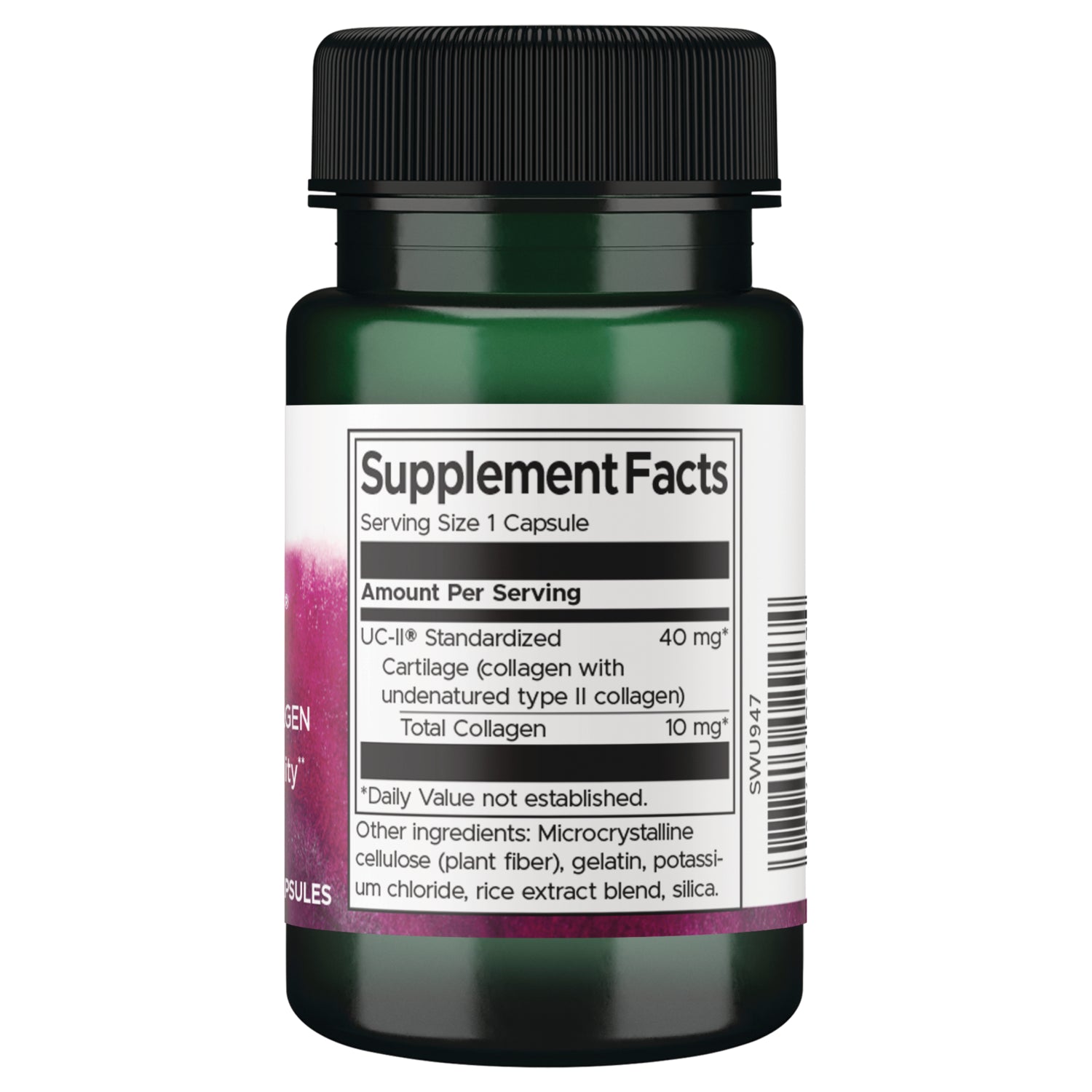 SWU947 | Back of bottle showing Supplement Facts panel, serving size 1 capsule, UC-II standardized 40 mg, total collagen 10 mg