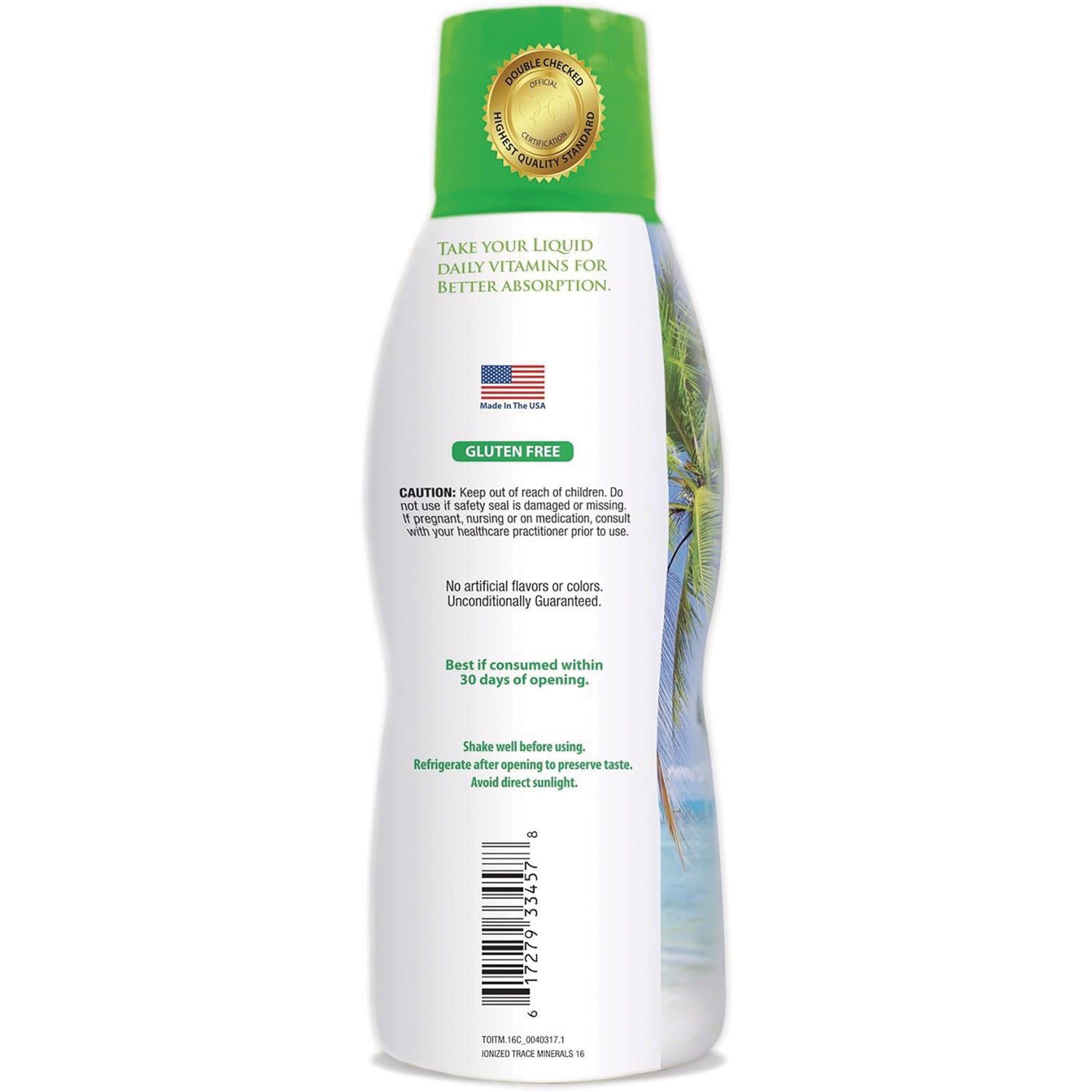 TPL007 | Back of liquid vitamin bottle with Made in the USA badge and Gluten Free callout