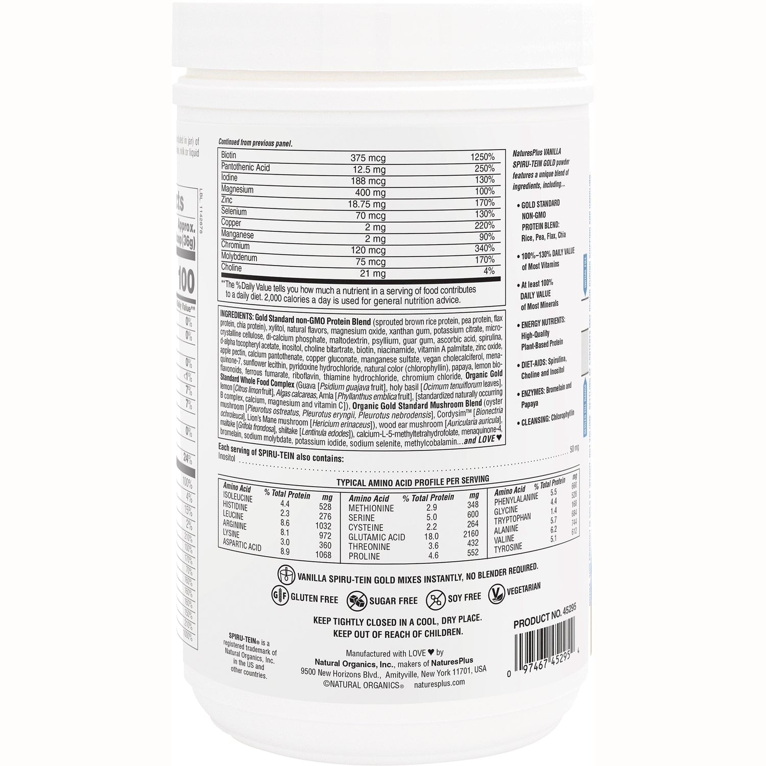 NTP272 | Back label with nutrition facts, ingredient list, and supplement facts for vanilla protein powder