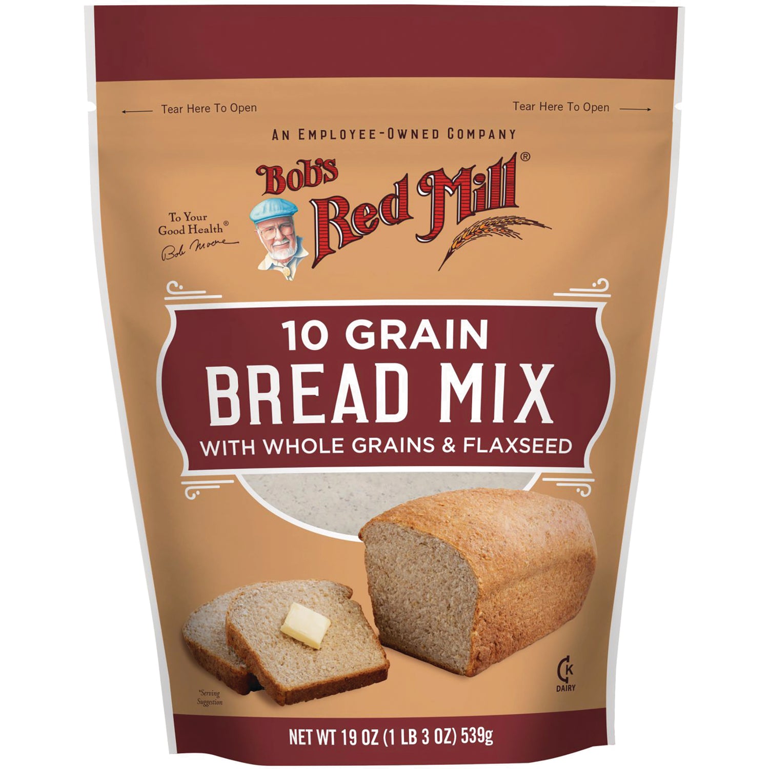 BOB442 | Bob's Red Mill 10 Grain Bread Mix front pouch showing a loaf and sliced bread with a pat of butter