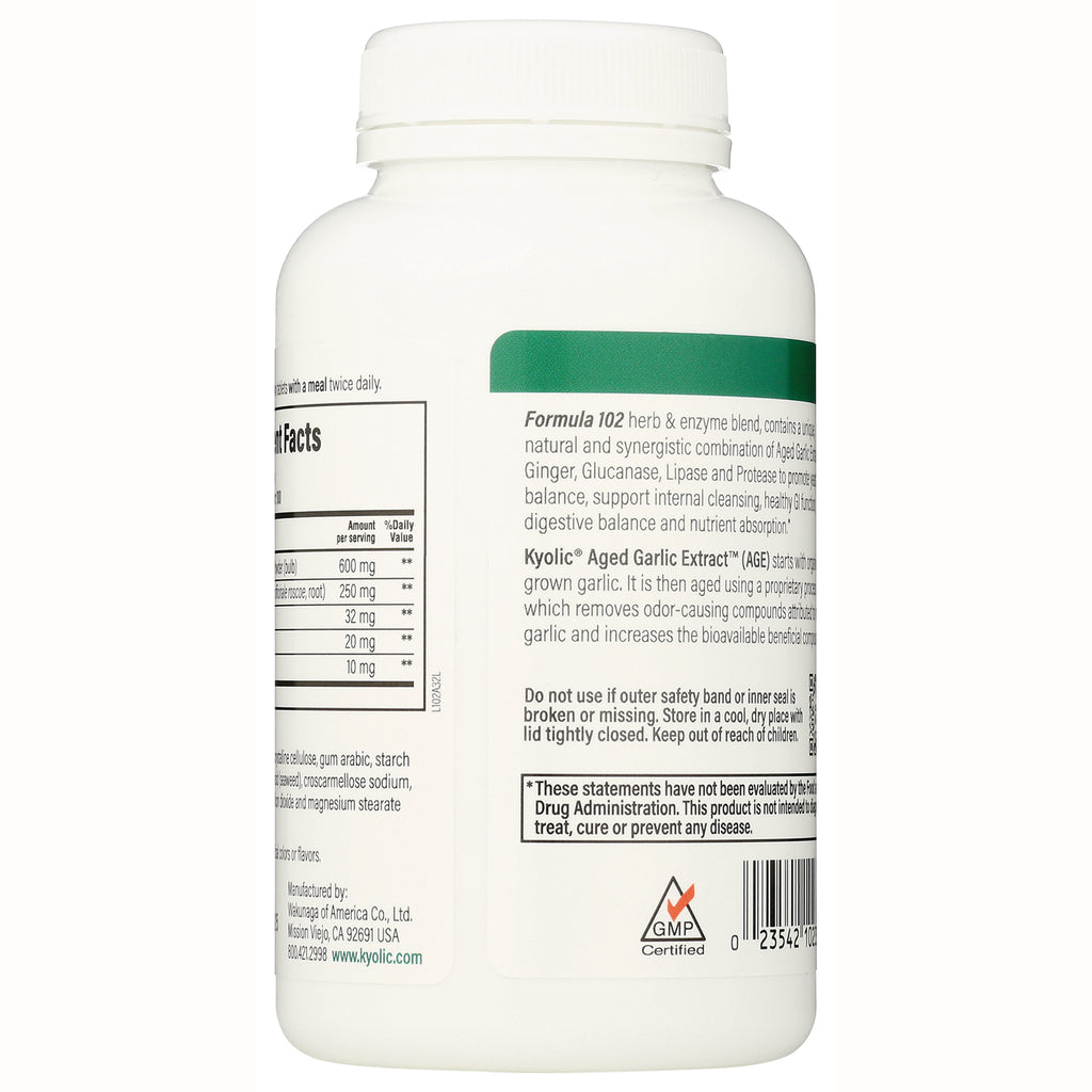 KY118 | back label of white supplement bottle showing supplement facts, Kyolic Aged Garlic Extract text and barcode - Thumbnail