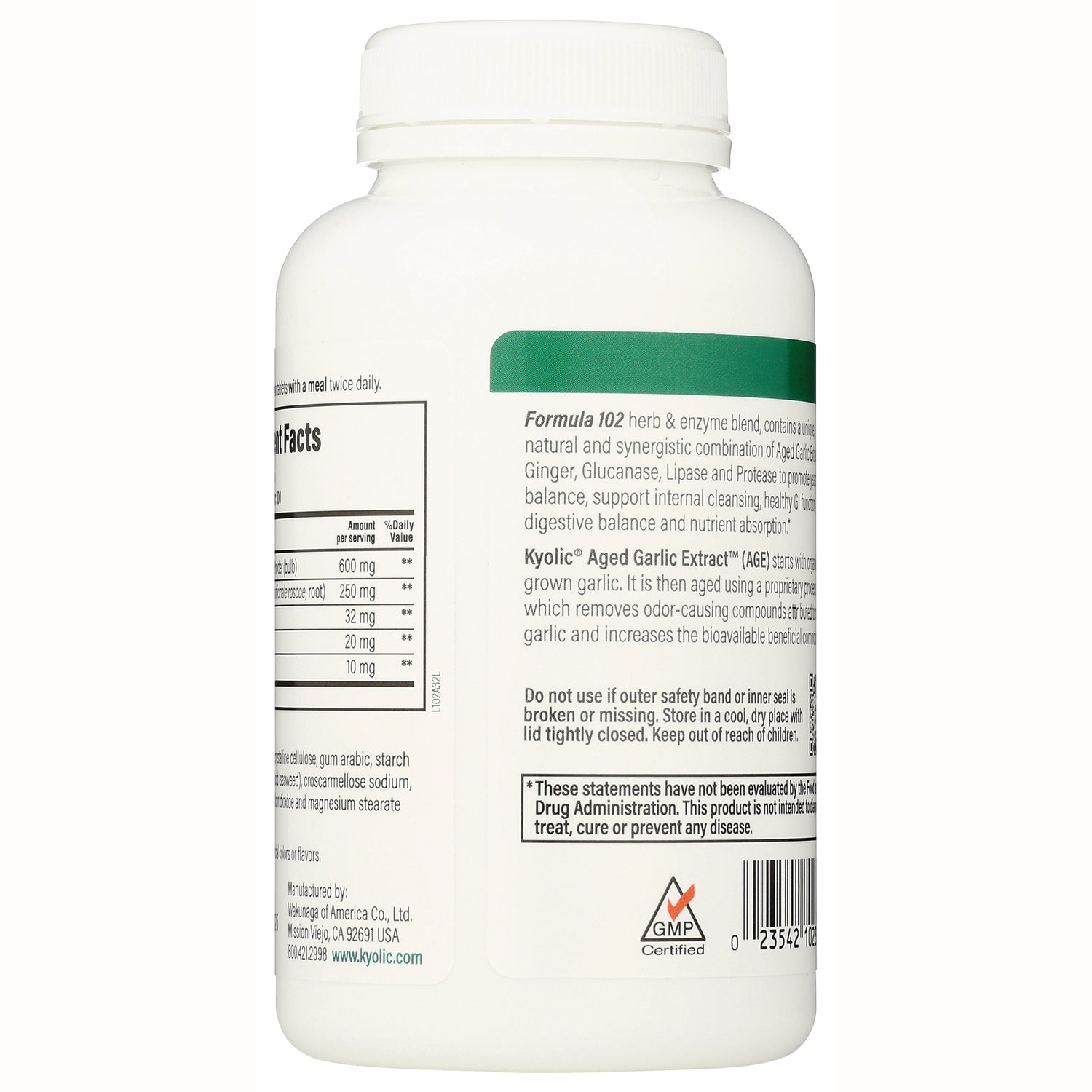 KY118 | back label of white supplement bottle showing supplement facts, Kyolic Aged Garlic Extract text and barcode
