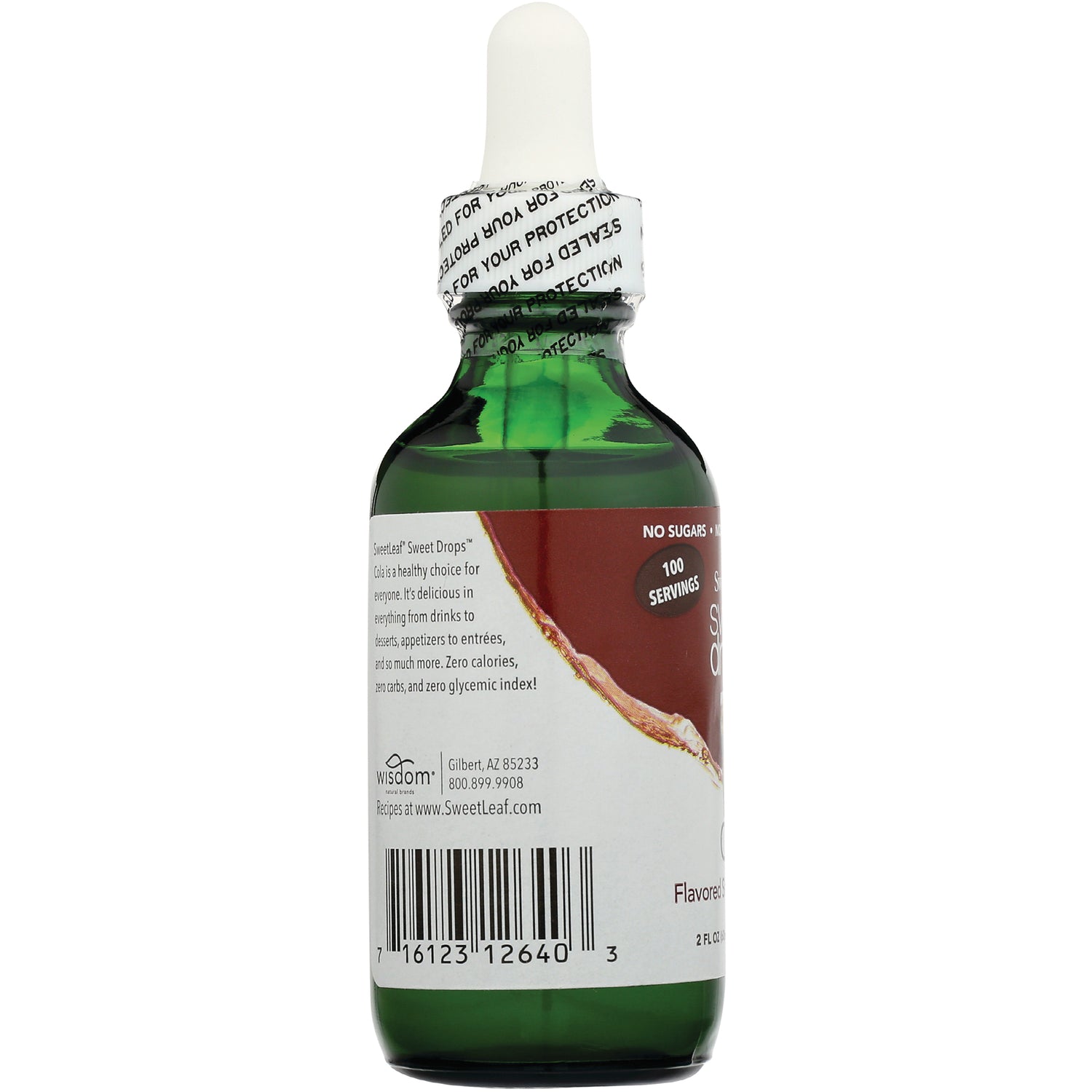 WA044 | Back of SweetLeaf Sweet Drops stevia bottle with label details, 100 servings callout, and barcode