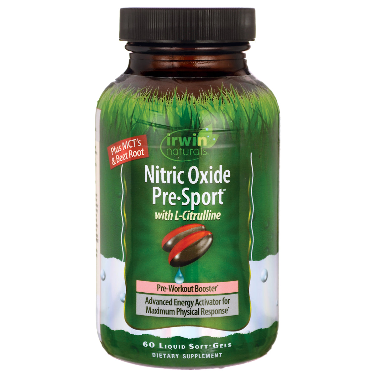 IR113 | Green bottle of Nitric Oxide Pre-Sport with L-Citrulline dietary supplement, 60 liquid soft-gels