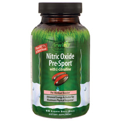 IR113 | Green bottle of Nitric Oxide Pre-Sport with L-Citrulline dietary supplement, 60 liquid soft-gels