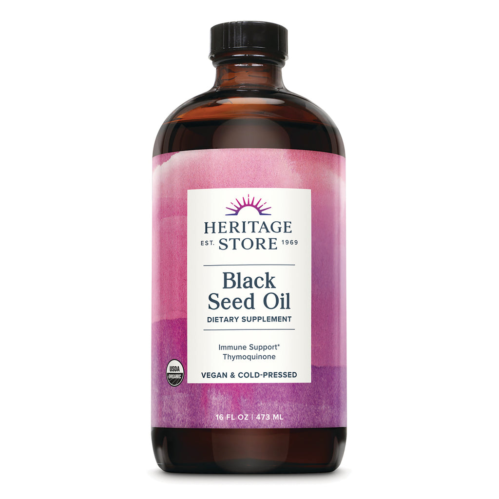 HTG108 | Heritage Store Black Seed Oil dietary supplement amber bottle with pink label, 16 fl oz, vegan & cold-pressed - Thumbnail