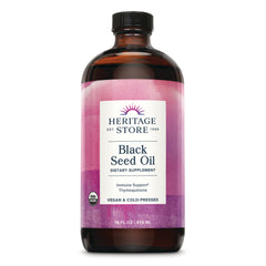 HTG108 | Heritage Store Black Seed Oil dietary supplement amber bottle with pink label, 16 fl oz, vegan & cold-pressed