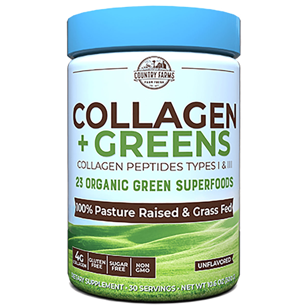 CFR007 | White tub of Collagen + Greens supplement labeled 23 organic green superfoods and 100% pasture raised & grass fed