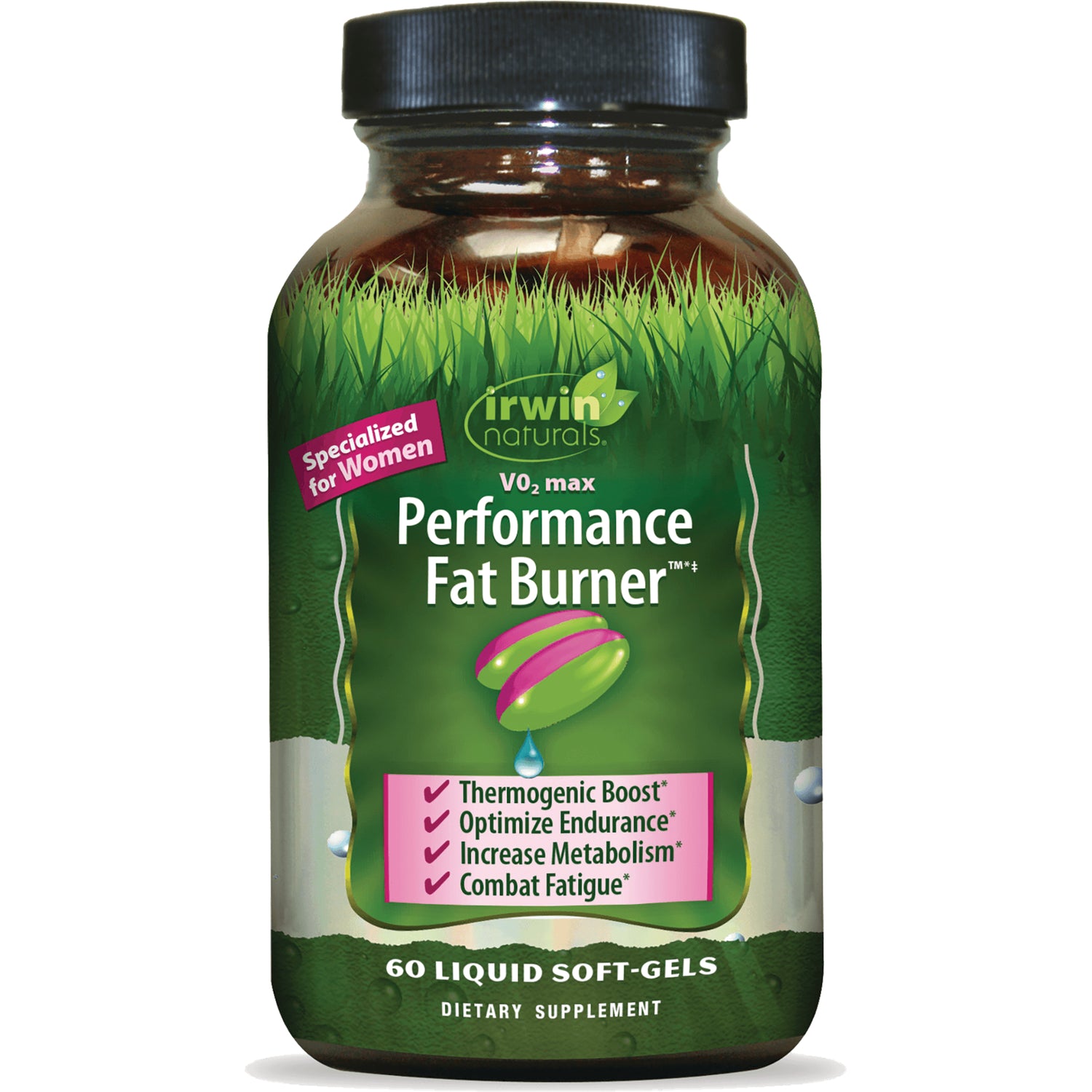 IR285 | Irwin Naturals Performance Fat Burner bottle front label showing Specialized for Women and benefits, 60 liquid soft-gels
