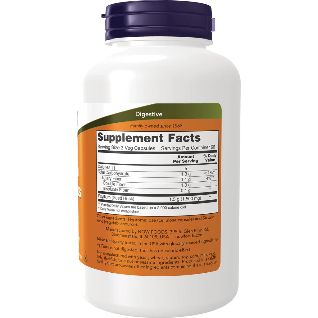 NWF566 | Back label of white supplement bottle showing Supplement Facts, serving size 3 veg capsules and Psyllium (Seed Husk) 1.5 g - Thumbnail