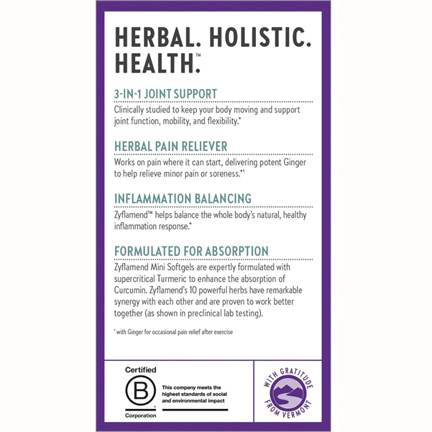 NWC310 | product infographic listing 3-in-1 joint support, herbal pain reliever, inflammation balancing, formulated for absorption