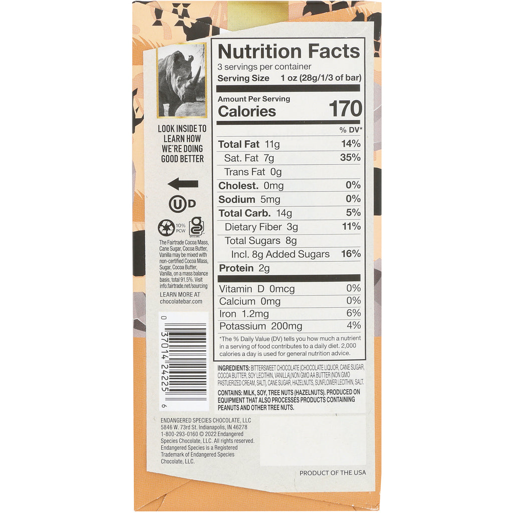 EES004 | Back of chocolate bar package showing Nutrition Facts panel with 170 calories per serving and ingredient text - Thumbnail