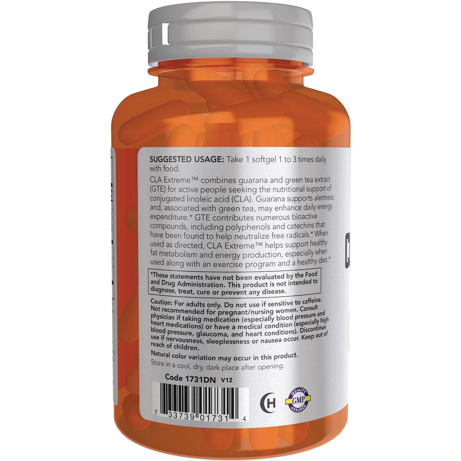 NWF808 | Back label of orange supplement bottle showing suggested usage, cautions, barcode and softgel contents