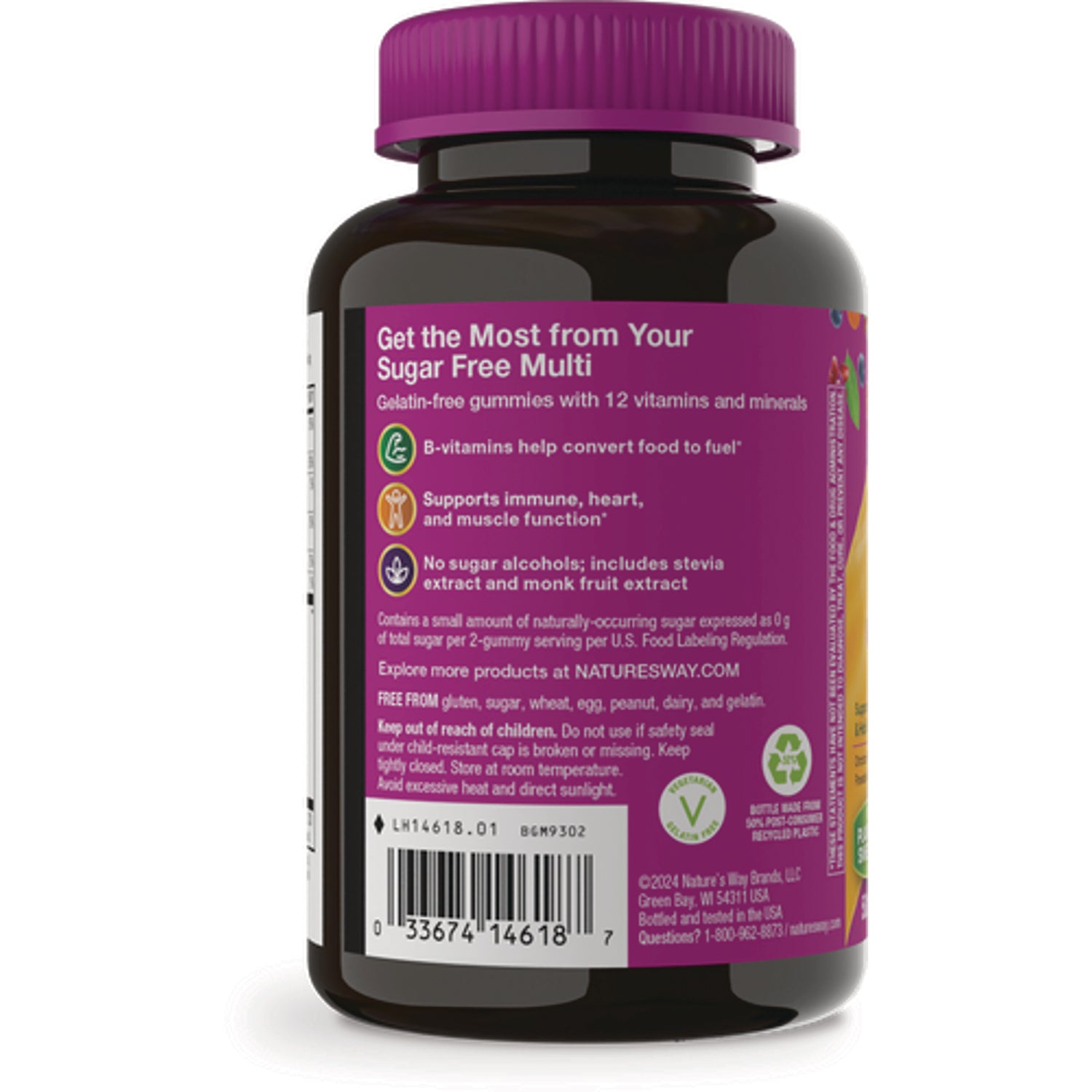 NW1060 | Back label of sugar-free multi gummy bottle showing benefits, ingredient notes and barcode